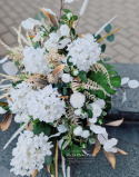 Tombstone decoration with white hydrangea- composition + bouquet