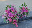 Tombstone decoration with purple peonia and rose - composition + bouquet