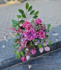 Tombstone decoration with purple peonia and rose - composition + bouquet