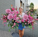 Tombstone with pink chrysanthemum and purple lily - composition + bouquet