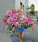 Tombstone with pink chrysanthemum and purple lily - composition + bouquet