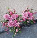 Tombstone with pink chrysanthemum and purple lily - composition + bouquet